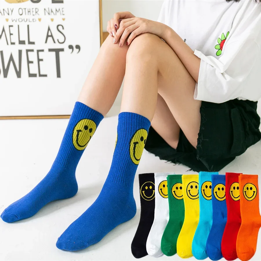 Fashion Big Smile Face Plus Size Women Socks Cotton Creative Personality Pure Color Funny Socks for Ladies Meias 091402