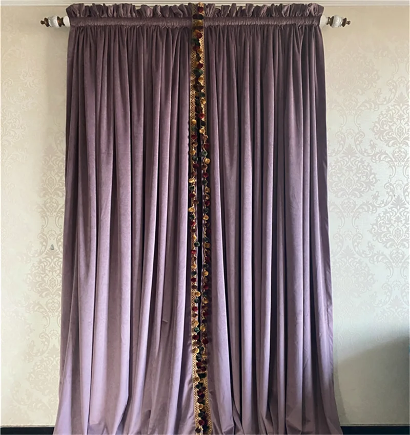 Custom cashmere American living room bedroom thick purple rod vintage solid  cloth blackout curtain tulle drape C1963