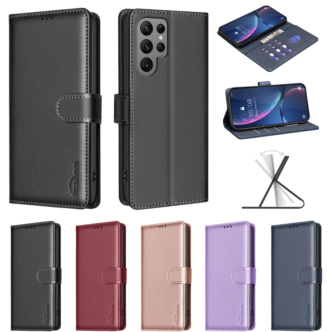 Magnetic Plain Leather Phone Case For Samsung Galaxy S26 FE S25 Ultra S24 Plus S23 FE S22 S21 RFID Blocking 3 Cards Slot Cover