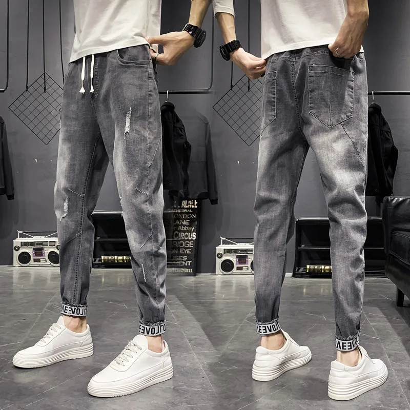 

Slim Fit 9-Length Men's Jeans Korean Style Trendy Elastic Waist Student Fashion Brand Casual Youthful Style Autumn Season