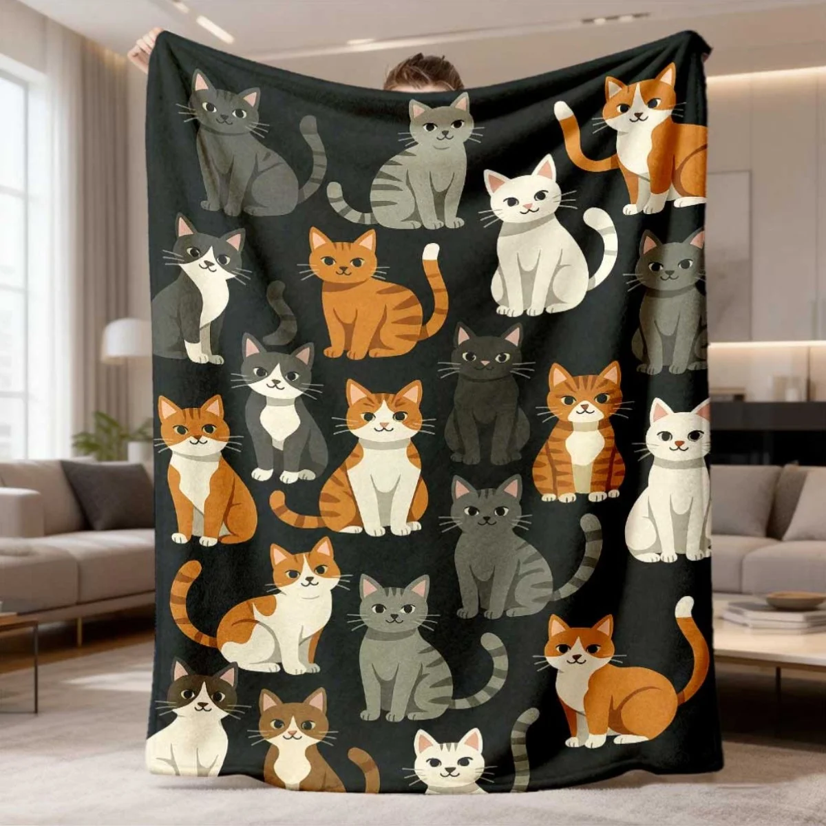 Mixed Cartoon Tabby Cat Repeat Print Black Base Flannel Throw Blanket, Soft Warm Sofa Cover, Pet Gift For Bedroom Daily Rest Use