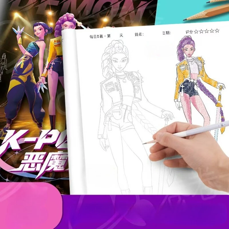 Kolorowanka Kpop Demon Hunters z postaciami anime Rumi, Mira, Zoey, urocze rysunki linii, szkicowanie, kopiowanie, książka do rysowania dla dzieci, prezenty.