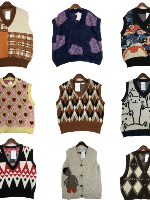 

Vintage Woolen Vest ex Soft Girl Forest System All-Match Retro Autumn Winter Printed round Ne Svel Warmth