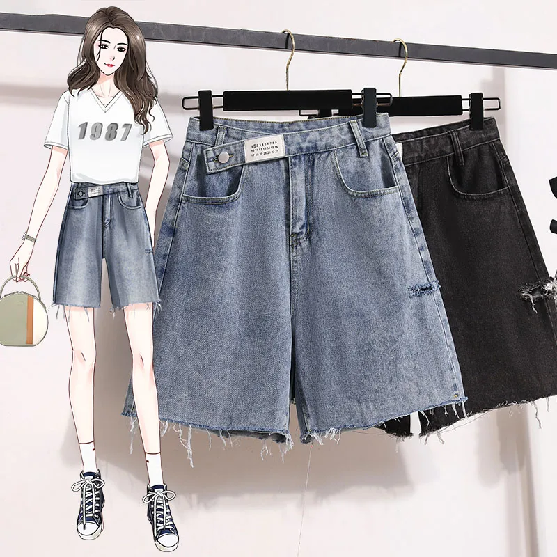 

Large Women's High Waist Jeans Summer Fat Girls Irregular Middle Pants with Ragged Edges Wide Leg Pants A-line Shorts