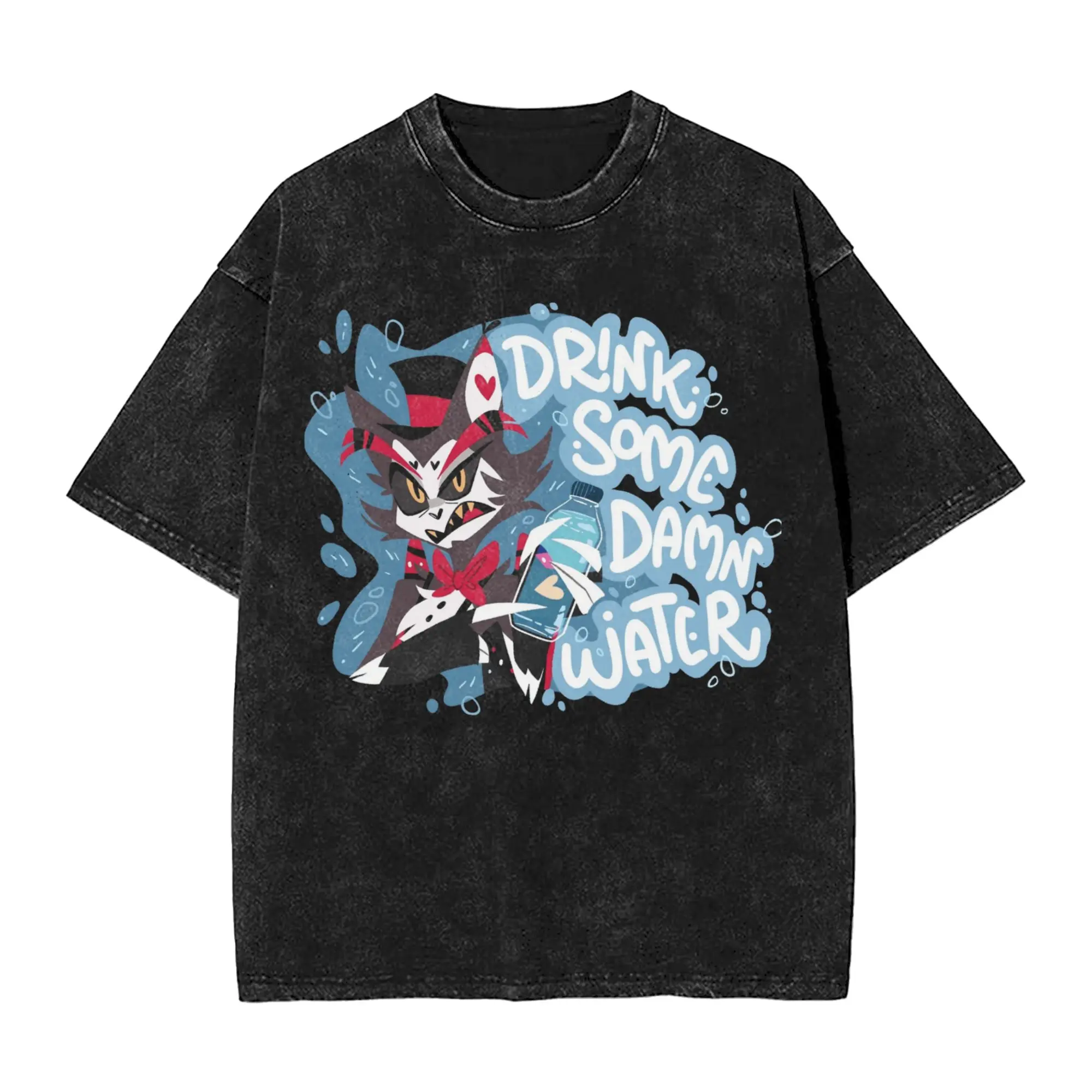 

Vintage Washed T-Shirt Husk stay hydrated Hazbins Anime Hotels Cotton T Shirts Hipster Tshirt for Couple Summer Y2K Casual Tops