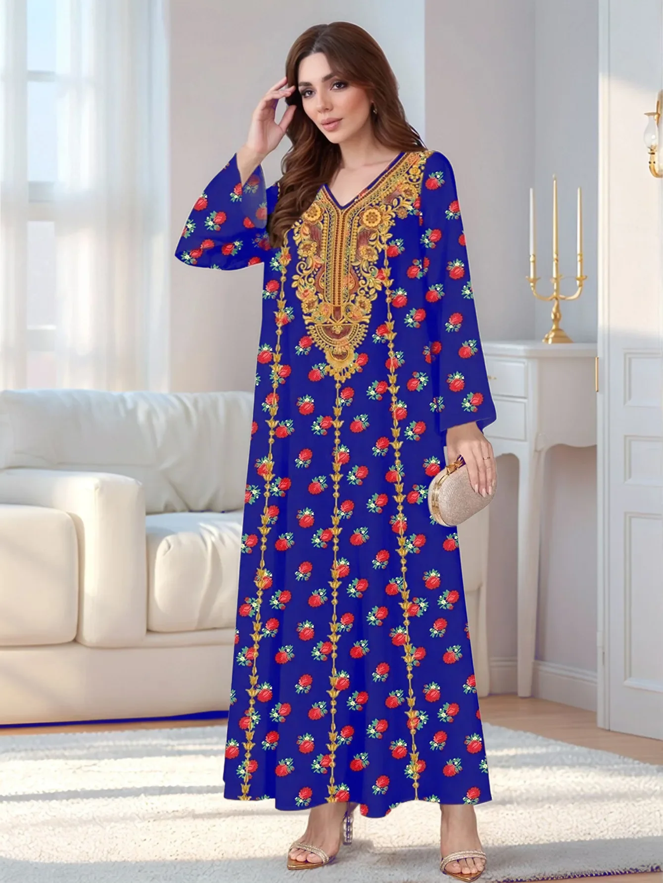 Eid femmes Robe col en V musulman Abaya imprimer robes Largos caftan arabe Robe longue Jalabiya Ramadan élégant longues robes 2025
