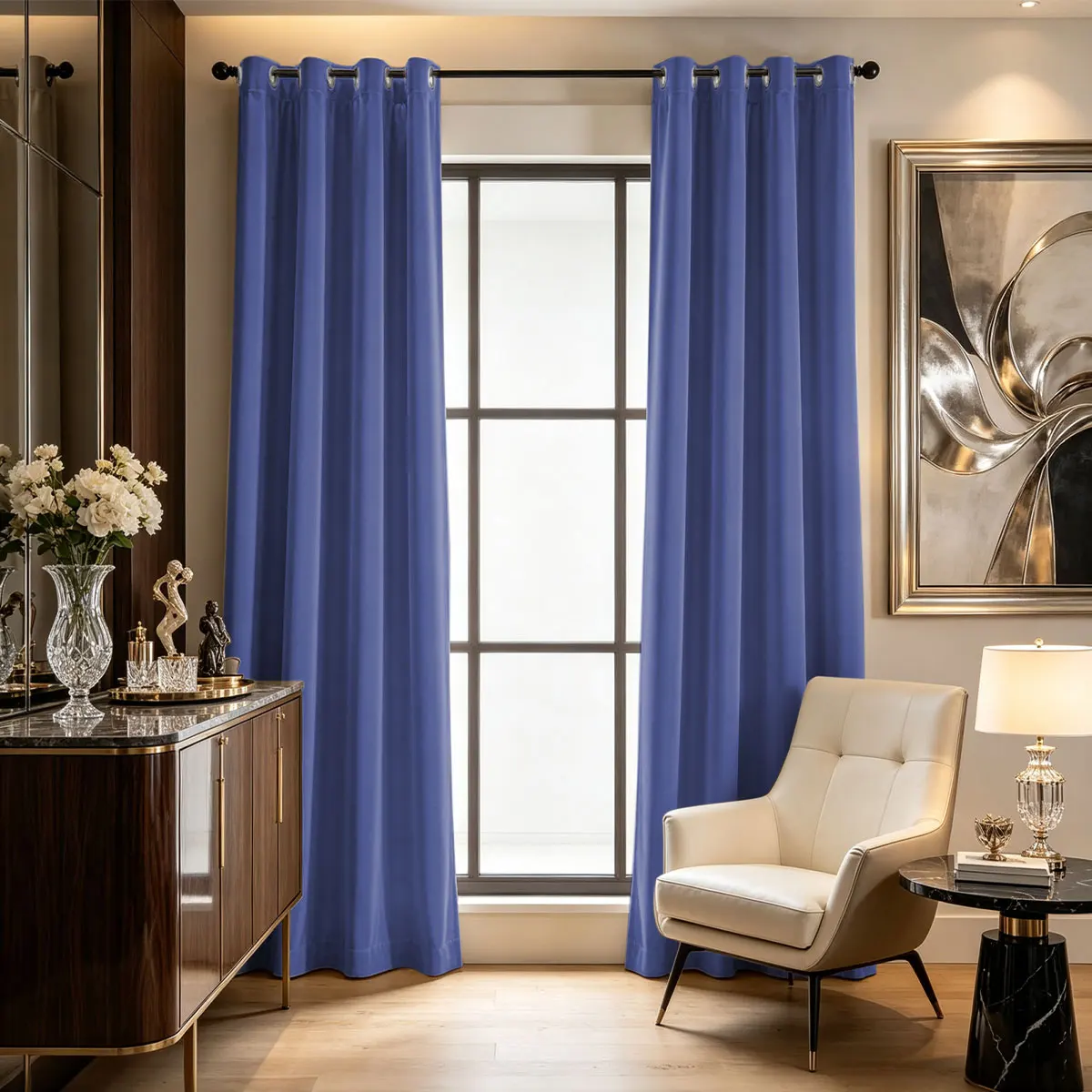 Royal Blue Velvet Grommet Curtains 2pcs, Solid Blackout Fabric Drapes for Living Room Bedroom