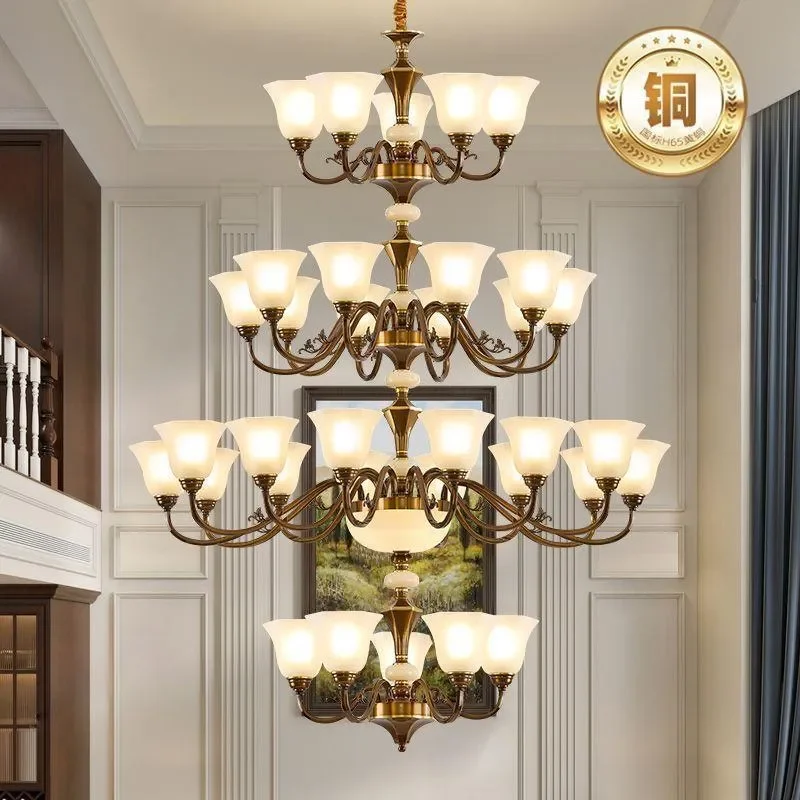 American Retro Solid Copper Chandelier Medieval Luxury Pendant Light for Living Room Villa Hotel Hall Decor