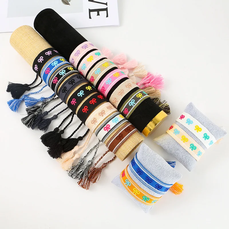 

Bohemian Handmade Woven Adjustable Tassel Bracelet For Women Embroidery Bowknot Pattern Bracelet Fashion Jewelry Wholesale Gift