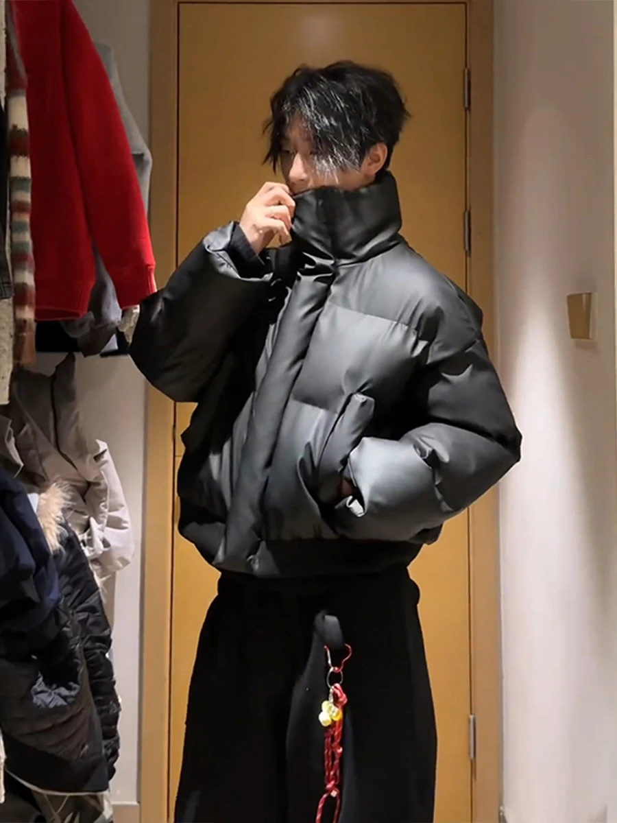 

Bla PU Leather Waterproof Cotton Jaet Men's Winter Lightweight Stand Collar Bread Sle Warmth Outerwear ort American S...