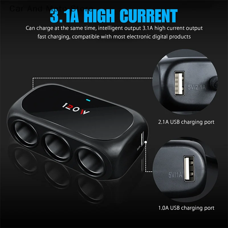 【*****】3 Socket Car Splitter Dual USB LED Car Fast Charger 120W 12V 24V Car Charger Adapter For IPhone GPS Dashcam view 3