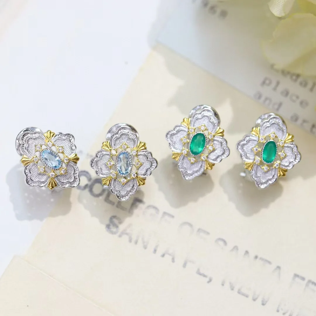 Brach Style 925 Silver Gold Natural Topaz & Green Agate Ornate Flower Earrings Vintage Inspired Jewelry Luxury Jewelry
