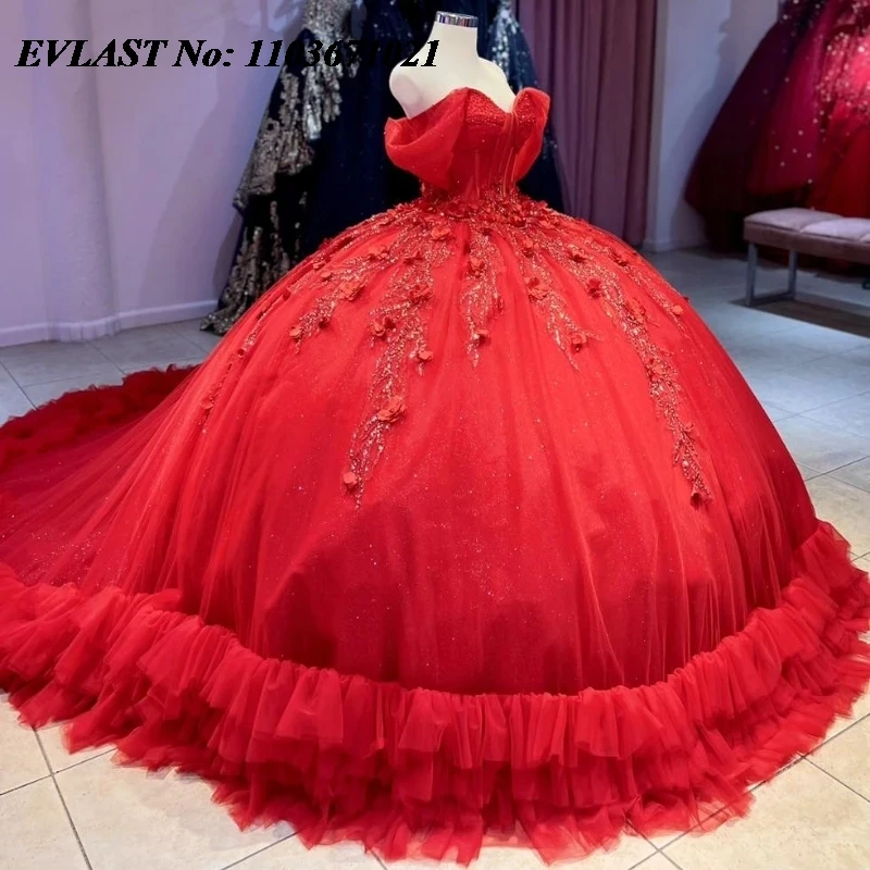 

EVLAST Red Quinceanera Dress Off Shoulder Ball Gown Beading Appliques Tiered Mexican Corset Sweet 16 Vestidos De 15 Anos SQ717