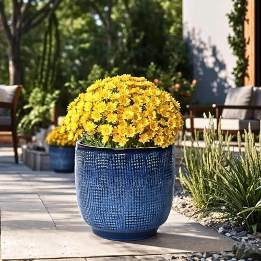 

12" Dia Round Ceramic Plant Pots Modern Blue Glazed Large Planters Pot for Outdoor Plants with Drainage Hole and Rubb