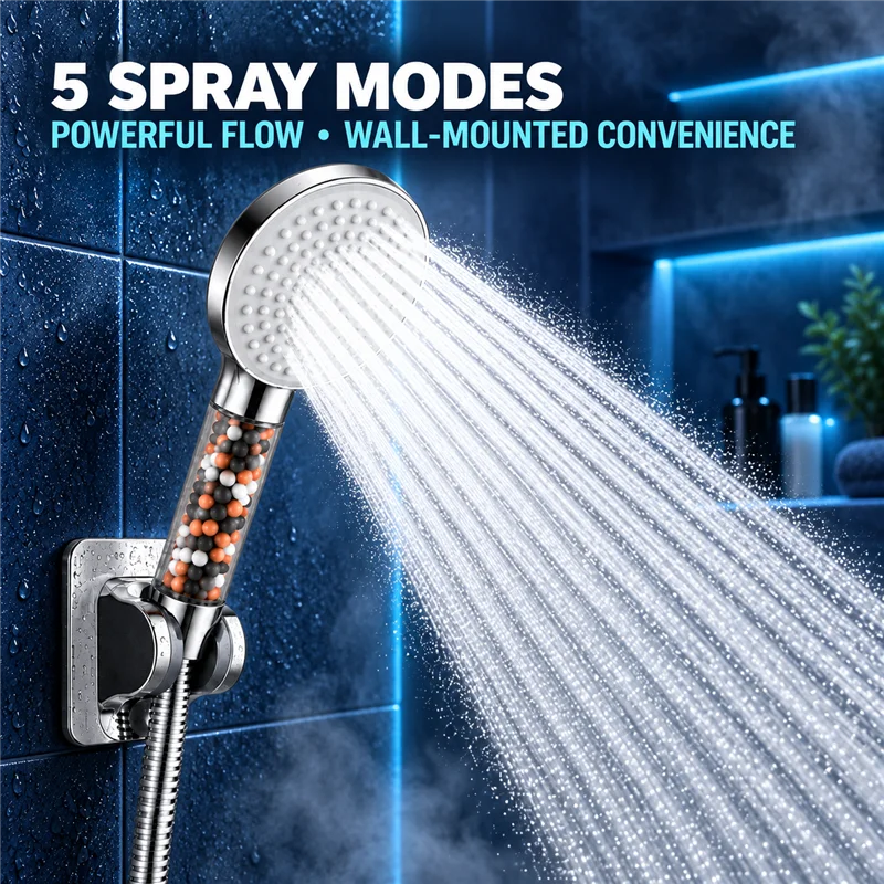  Bathroom Shower Set 5-Speed High Pressure Handheld Shower Head Negative Ion Filter Hard Water Softener Water Saving Showerhead