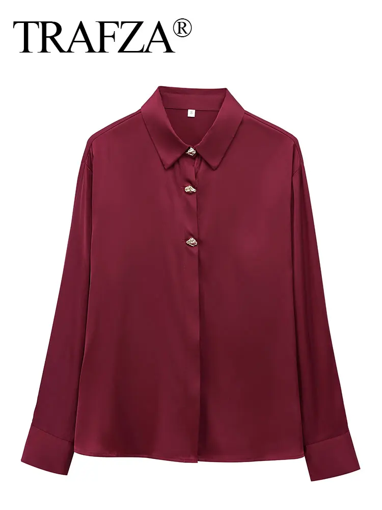 HH Frauen Mode Weinrote Bluse Vintage Gold Knopf Langarm Hemd 2025, Frühling Sommer Weibliche Formale Büro Casual Top