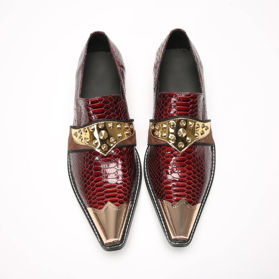 حذاء رجالي من الجلد بطبعة ثعبان عنابي مع إبزيم مرصع بالذهب حذاء أنيق للحفلات #3