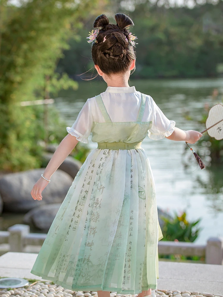 هانفو فستان صيفي للفتيات ، زي تانغ للطفل ، بدلة تانغ ، خرافية فائقة ، تنورة صينية ، طراز عتيق
