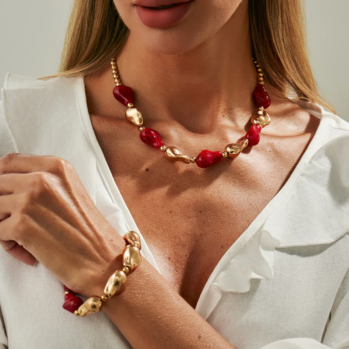 

SHIXIN 7 Styles Bohemian Resin Acrylic Beads Choker Necklace Bracelet Jewelry Set for Women Waterdrop Bead Chain Necklace Bangle