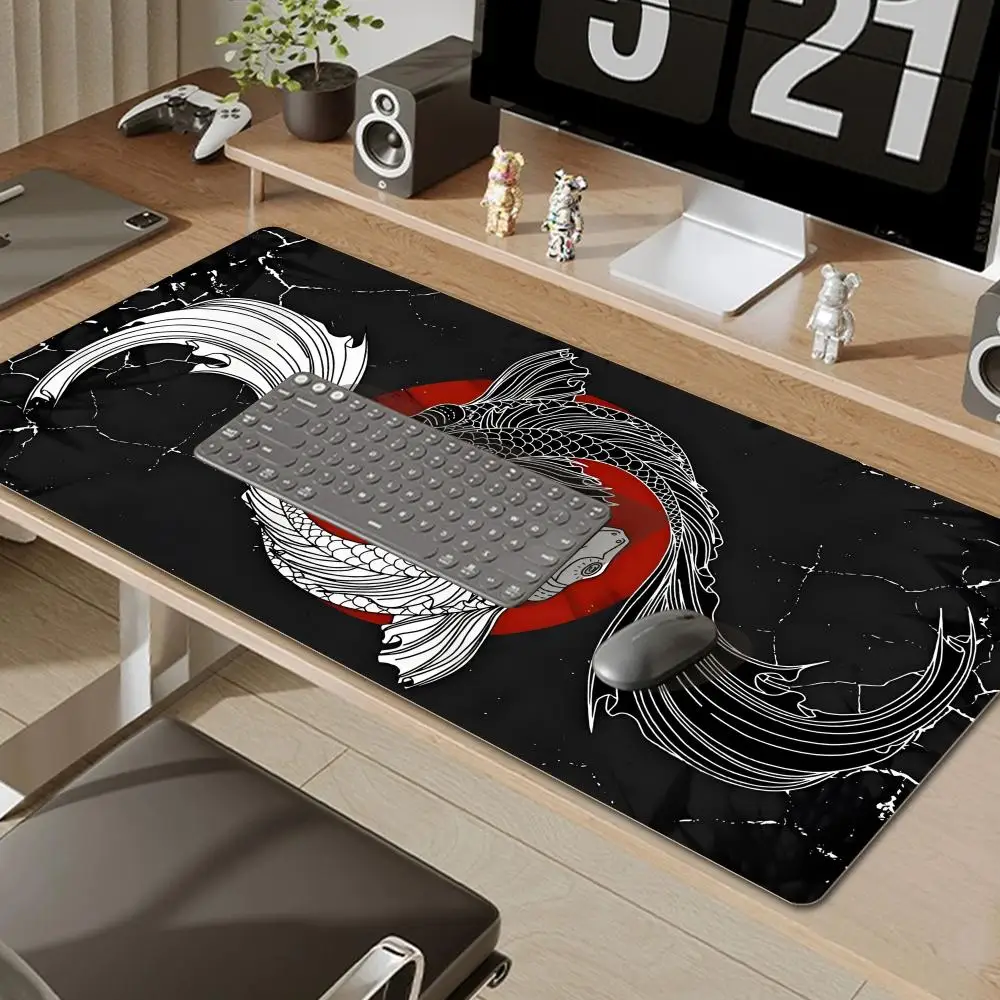 Fish XXL Lock Edge Mousepad Koi Taichi Neutral Large Gaming Desk Mat Keyboard Mats Mouse Mat Beast Desk Pad For Gift Mouse Pad