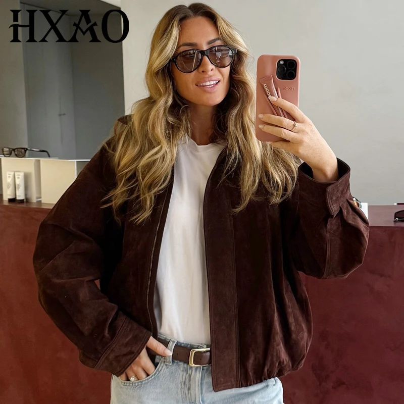 

HXAO 2025 женская куртка, замшевая куртка, женская осенняя новинка, пальто и куртки, модная коричневая верхняя одежда, куртки-бомберы с длинными рукавами