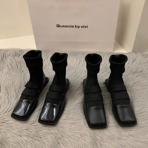 영국 스타일 스퀘어 니트 양말 부츠, 여성용 앵클 부츠, 슬리밍 로퍼, 싱글 슈즈, 고품질, 2023 신상