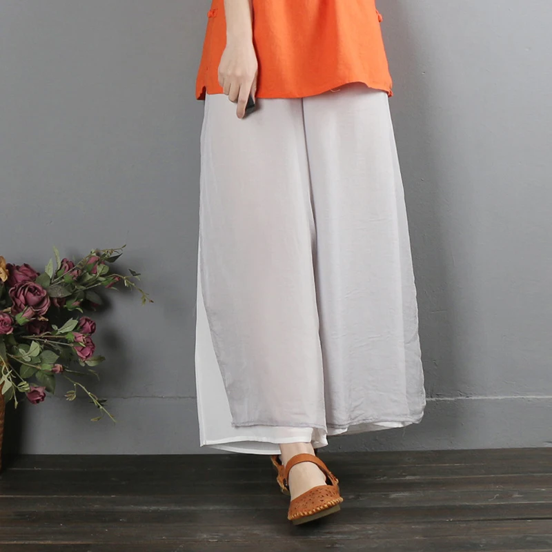 레트로 예술적 와이드 레그 팬츠 봄 패션 이중 레이어 튤 요가 팬츠 중국식 젠 차 의상 스트레이트 레그 팬츠