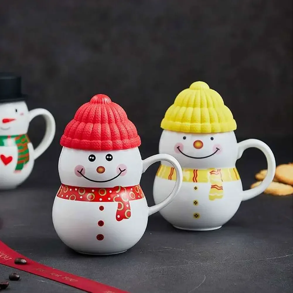 Christmas And New Year Ceramic Snowman Mug Creative Cartoon Household Coffee Milk Tea Cute Gift With Lid Tableware Multicolor