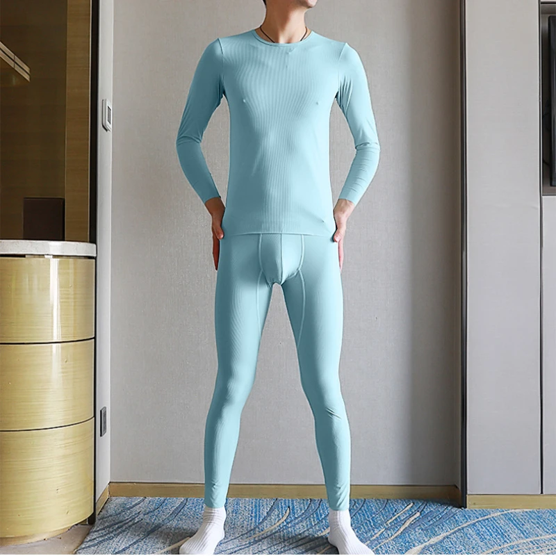 Men Thermal Underwear Ultra-Thin Ice Silk Long Johns Suit Sexy Breathable Quick-Drying Youth Thin Bottoming Shirt Leggings Set