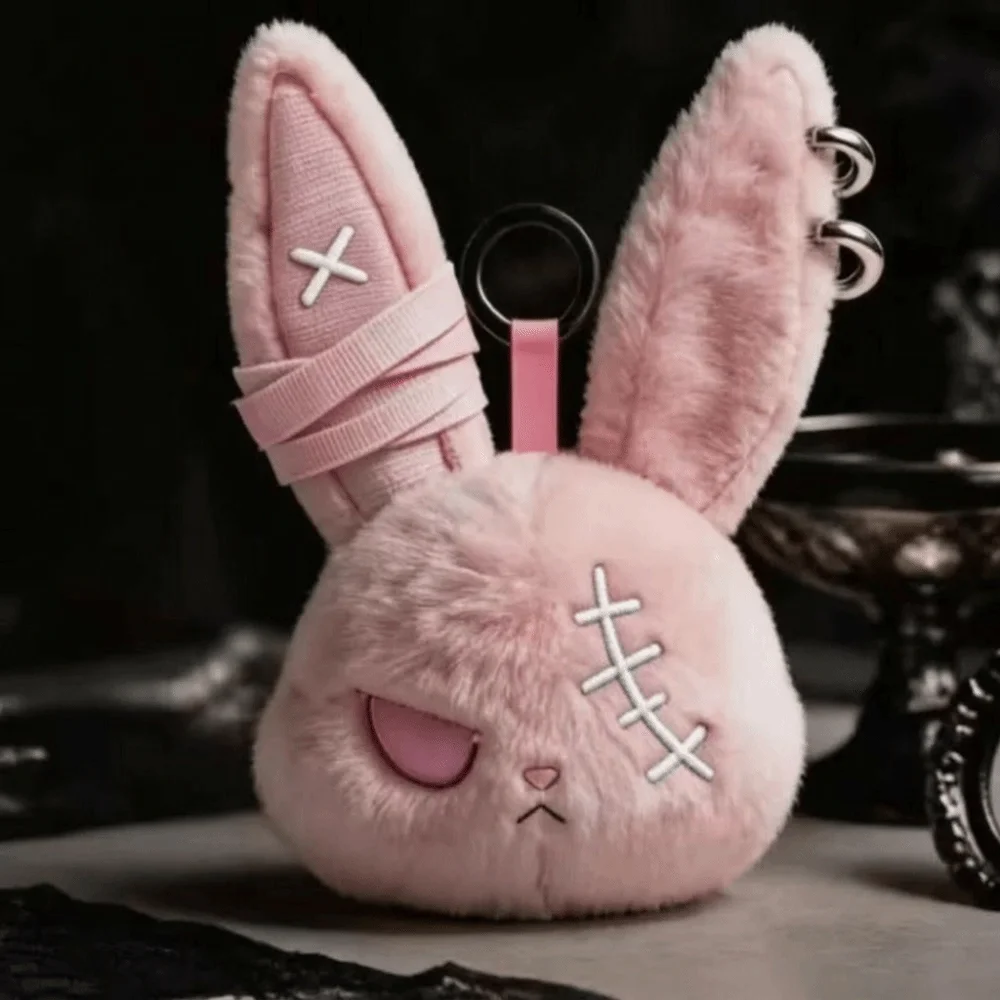 PP Cotton Bunny Keychain Hoop Earrings Animal Wounded Rabbit Keyring Gothic Spooky Design Cute Furry Bag Pendant Gift For Women