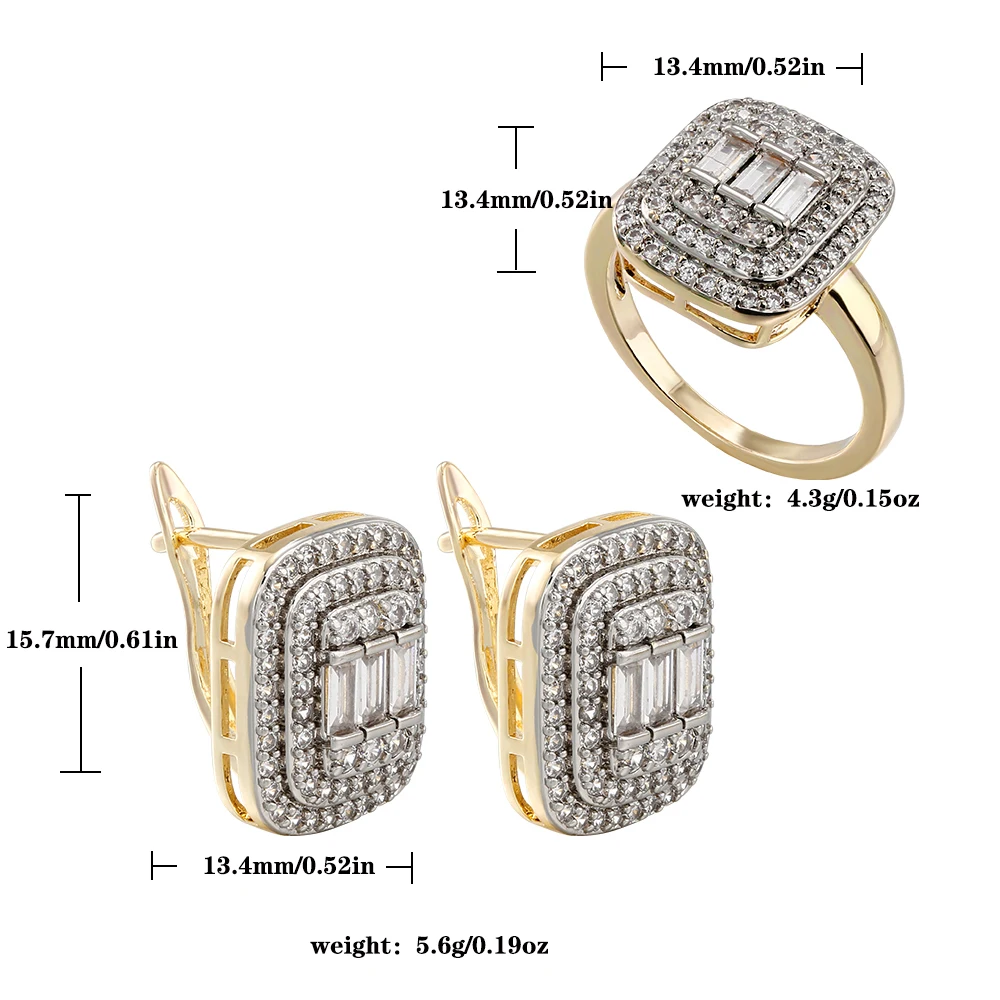 Square inlaid zircon earrings and rings luxury set fashion jewelry copper plated 14K gold anniversary bridal dress jewelry