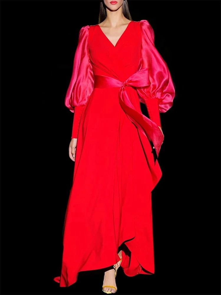 

Delocah High Quality Spring Women Fashion Runway Split Maxi Dress With Belt Lantern Long Sleeve Solid Color Print Party Dresses