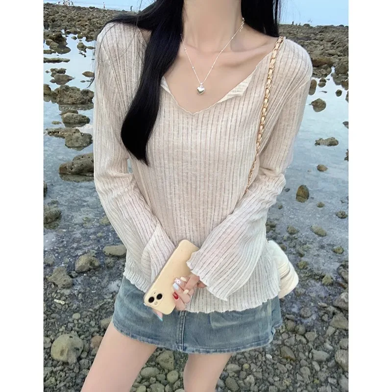 Women's Summer Tops T-shirt Sun-protective Cover-up Long-sleeved V-neck Flounce Trim Loose-fitting Lightweight New Comfortable