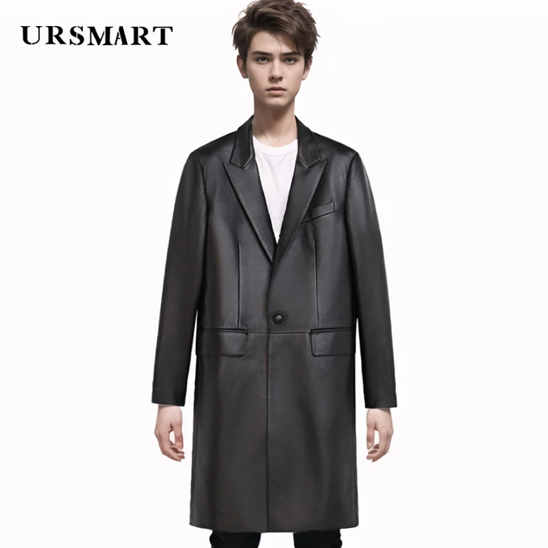 Men's Black Sheepskin Leather Trench Coat - Medium Length Single-Breasted British Fashion Business Casual