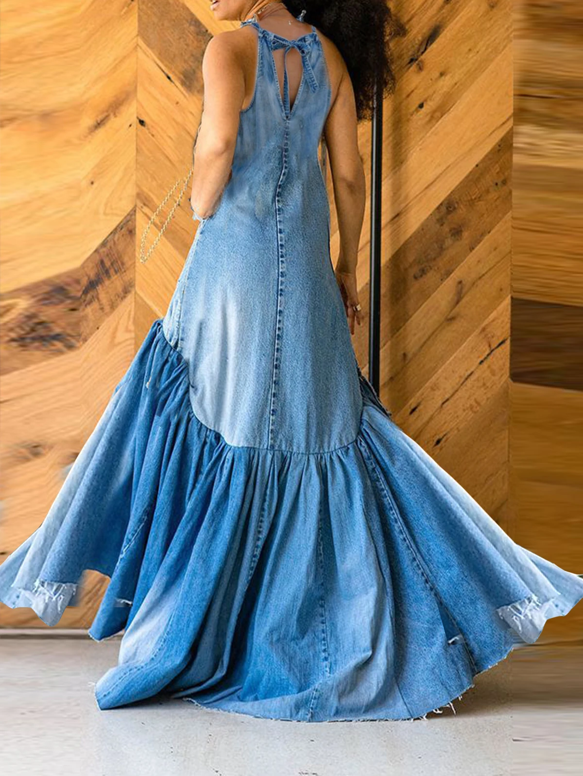 PLUS SIZE Fashion Denim Long Dress Sexy Women Bow Halter Swing Sundress Holiday Sleeveless Robe Casual Loose Mermaid Maxi Dress