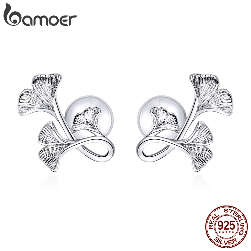 bamoer Silver 925 Design Ginkgo Leaf Stud Earrings for Women Real Sterling Silver Luxury Brand Jewelry Pendiente New BSE328