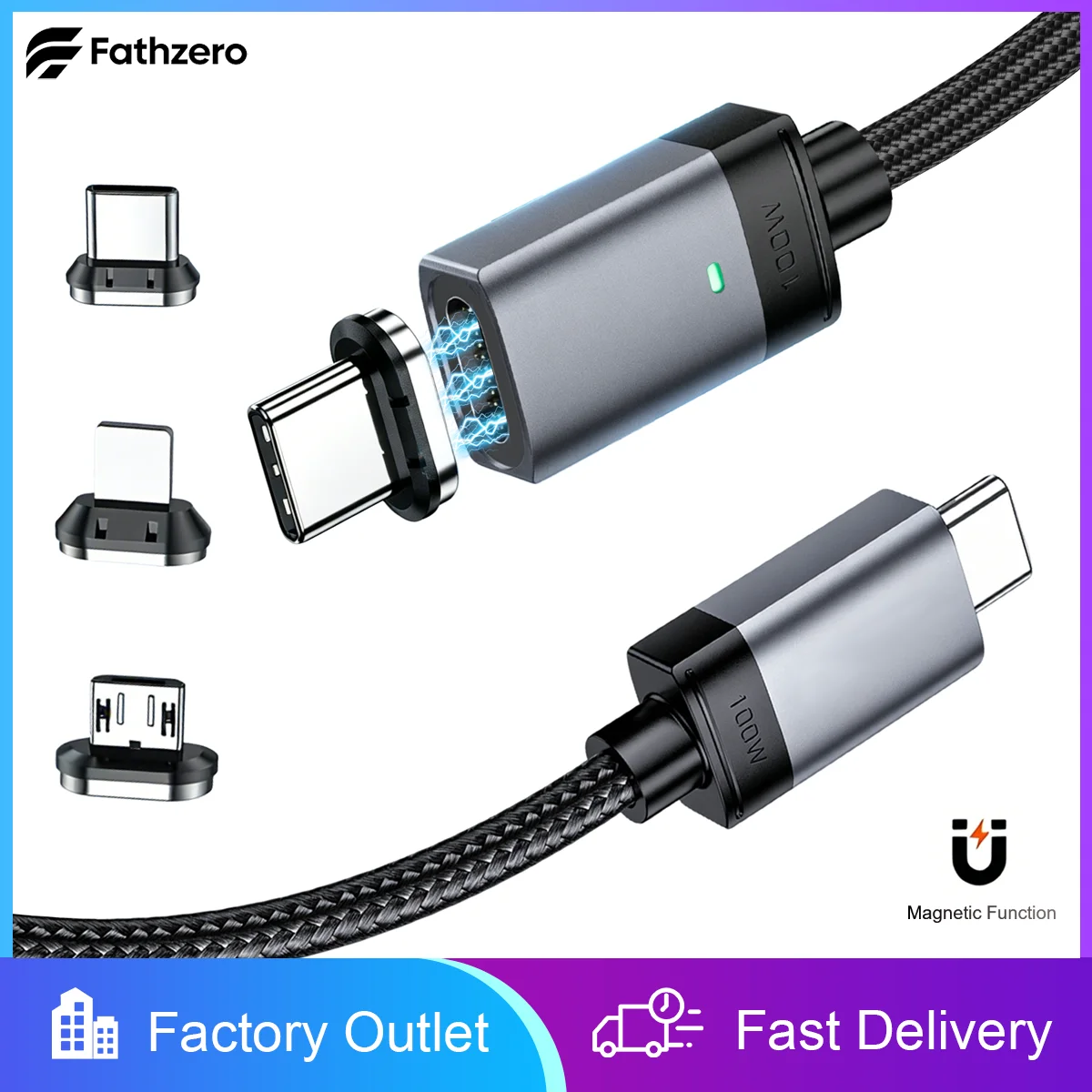 fathzero-3in1-磁気吸引-qc40-高速充電ケーブル-5a-20v-100w-pd-usb-type-c-ライトニングマイクロ一般変換データケーブル
