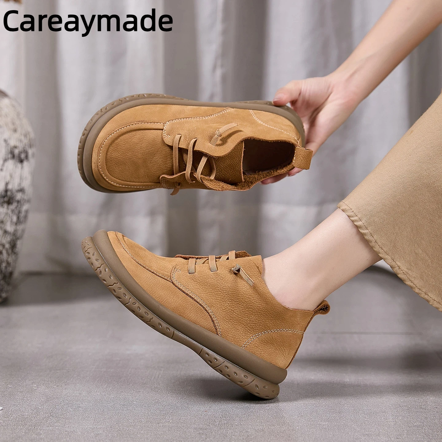 

Careaymade-Genuine leather wider toe handmade women's shoes,round-toe flats high-top lace-up soft cowhide women's single boots
