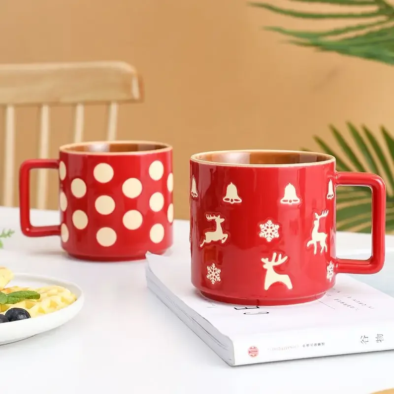 American Breakfast Coffee Mug, Christmas Gift Household Ceramic Mug Elk Water Cup Red Christmas Mug with Lid Spoon Drinkware