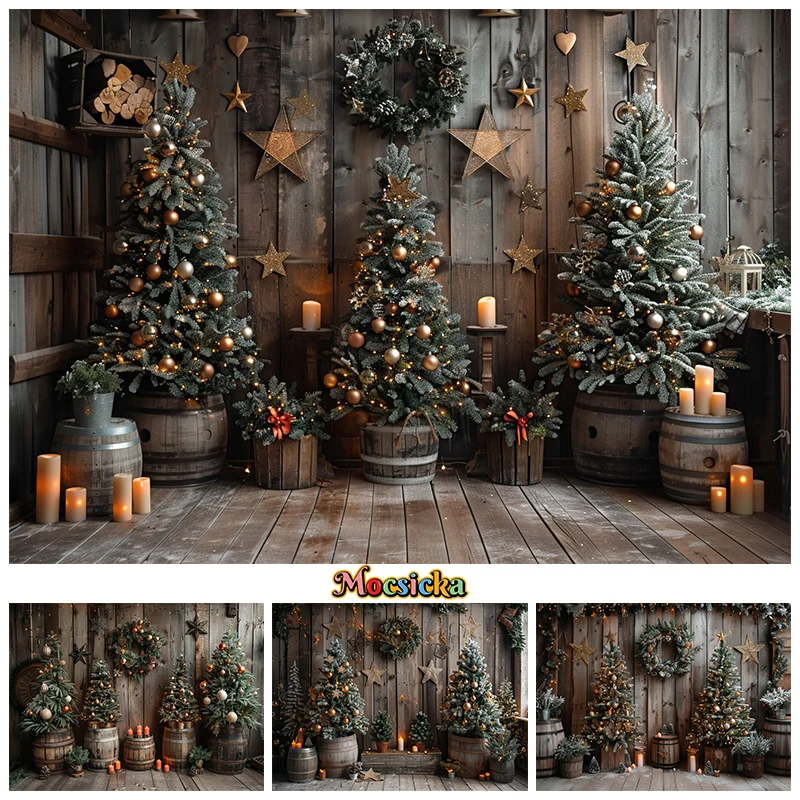 

Christmas Tree Wooden Wall Backgrounds For Photography Wood Barrel Candle Pentagram Baby Birthday Backdrop Decorations Photocall