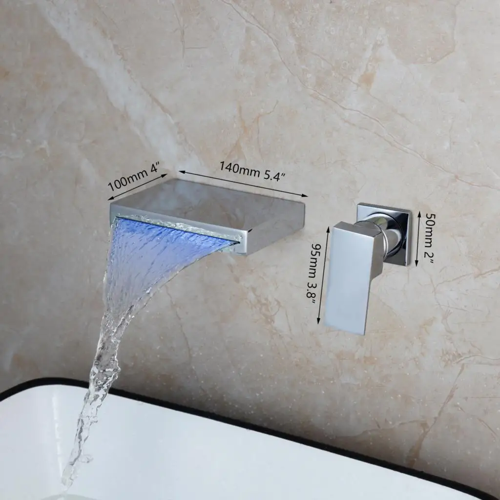 ZAPPO Chrome Finished Bathtub Faucet Wall Mounted Sink Mixer Bathroom Waterfall Spout Basin LED Tap Bathtub Faucets