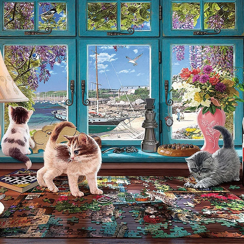 

75*50cm Adult Paper Jigsaw Puzzle 1000PCS Bay Window Cat Animal Adults Stress Relief Children Educational Entertainment Toy Gift