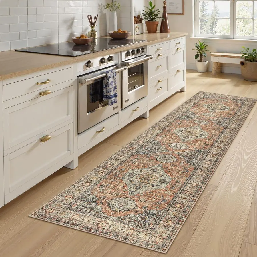 Alfombra de cocina lavable oriental antideslizante, 2x8 corredores para pasillos con respaldo de goma, alfombra larga suave vintage para baño