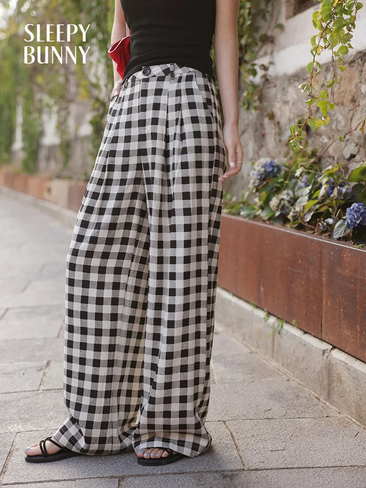 Black White Plaid Wide Leg Pants Women Summer High Waist Loose Fit Trousers Casual Vintage Checkered Straight Draped Bottoms