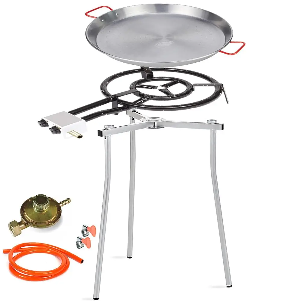 Juego de Paellera con Trípode Ajustable, Paellera de 46 cm, Quemador de Gas de 40 cm con 2 Fuegos y un Regulador de Presión
