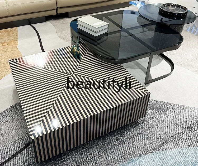 LXMinimalist size combination modern simple light luxury square stainless steel tempered glass coffee tableSSS