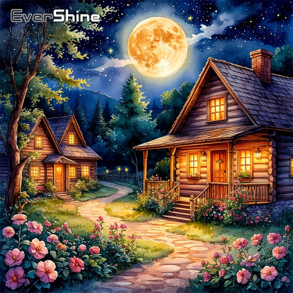 EverShine Diamantmalerei Landschaftshaus Vollflächige Diamantstickerei Mondbild Strass DIY Mosaik Blumen Wandkunst