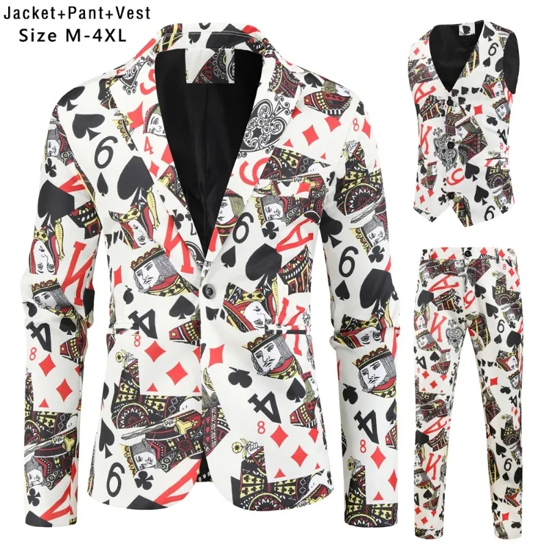 Boutique Suit 3-piece Fashion Casual Poker Print (suit+vest+pants) Social Banquet Hip-hop Singer Tuxedos Men's  2023 New