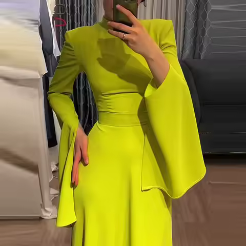New Solid Color Flare Sleeve Slim Evening Dress Temperament Half High Collar High Waisted Banquet Dress Lady Elegant Swing Dress