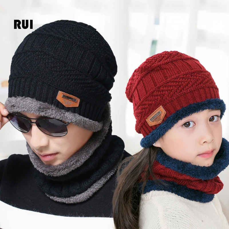 

Autumn and winter men plus velvet cap adult children knitted hat bib fashion two-piece skin-friendly ear protection woolen cap